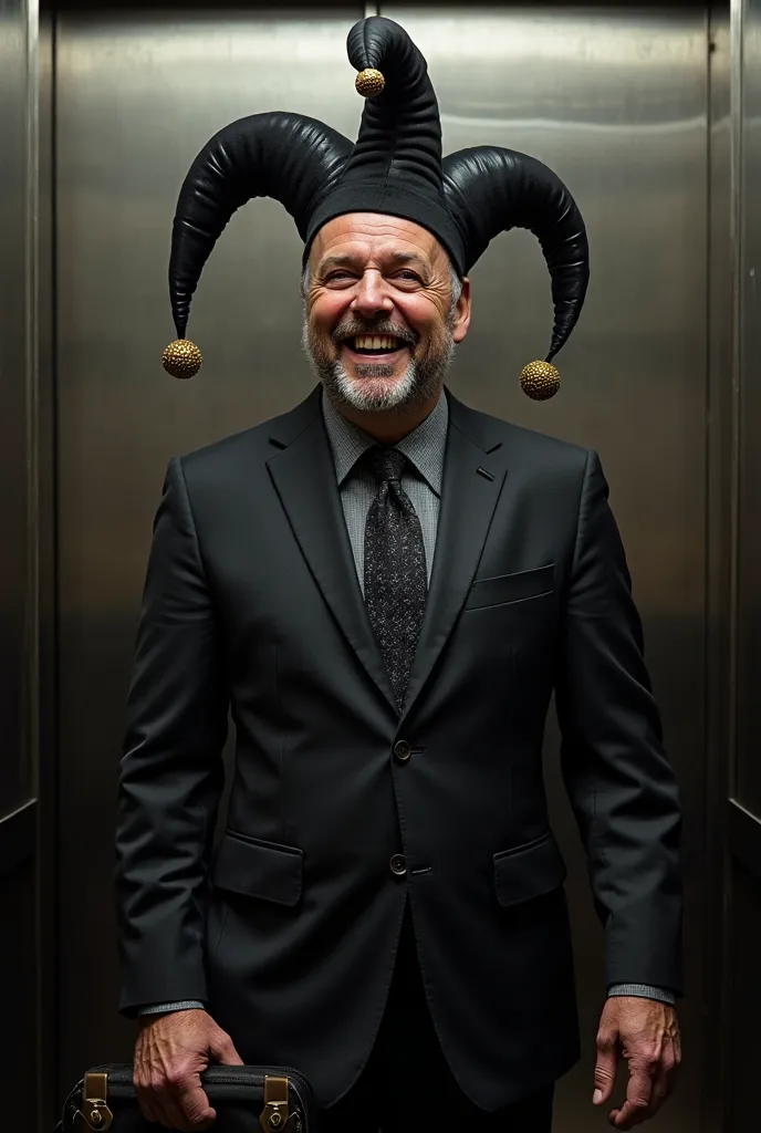 A realistic portrait of a man in his mid-forties, wearing a black Carnival jester hat styled in a business-like manner with three extended parts, dressed in a sharp black suit. the scene is inside an elevator where the man is doing an elevator pitch to a g...