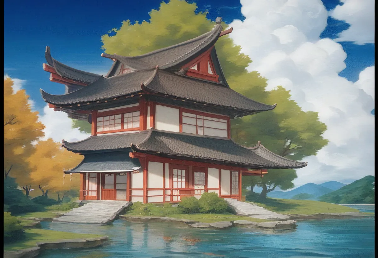 Close up of a painting of a house near a body of water,  Matte painting inspired by Yoshigai Kano, CG Societyでトレンド, ukiyo-e, Japanese art style, traditional Japanese art, Japanese art, Japanese art art, Japan at Night, old Japanese art,  Traditional Japane...