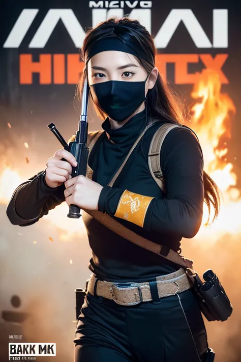 (((  magazine cover  ))), (((  Poster Art ))) , (((advertising poster design for a movie starring a female ninja))), (( a perfectly beautiful 20 year old Japanese female ninja)), (((目だけ見えているMasked))), high-definition CG Unity 8K wallpaper, 最high quality, S...