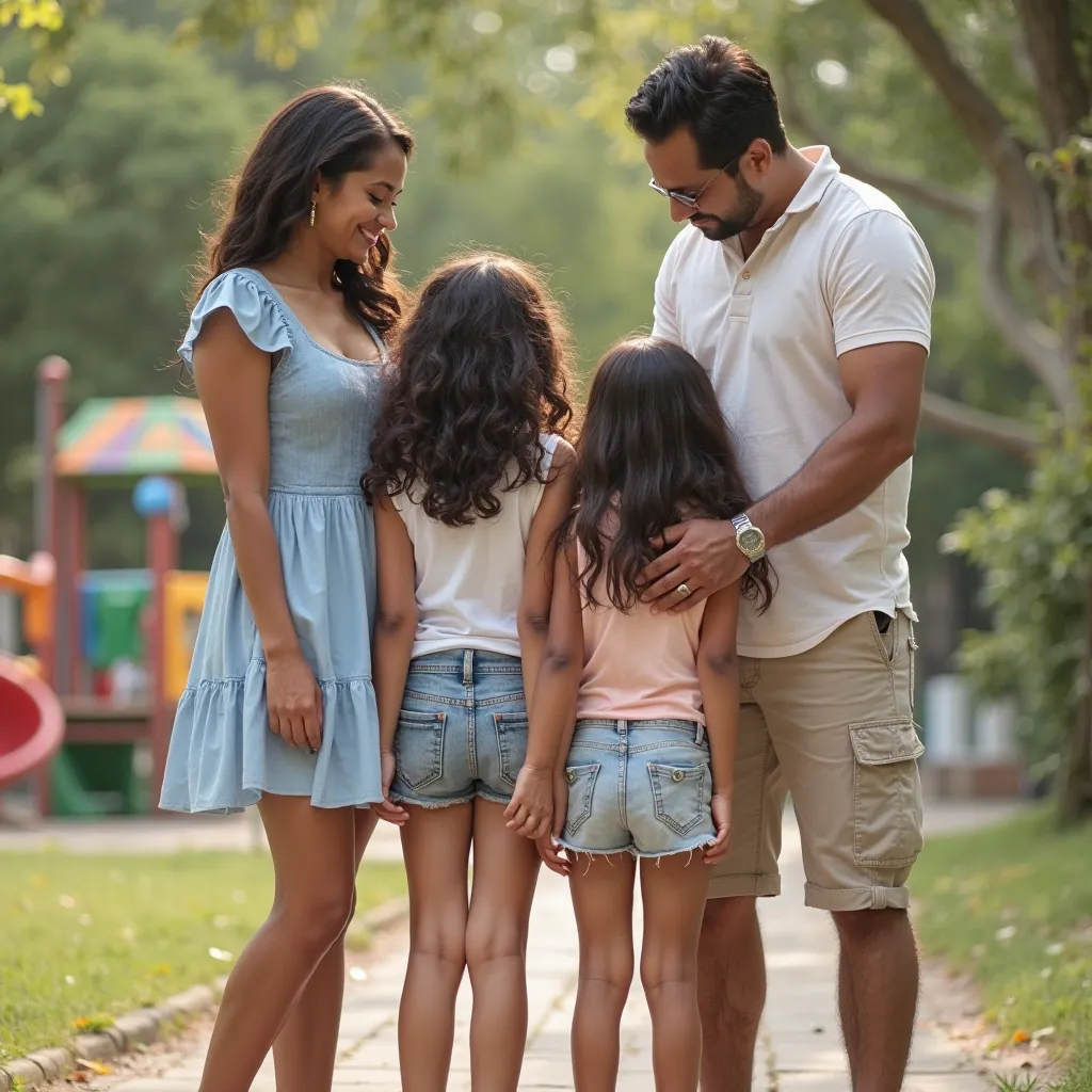 HEIC photo of a mother and father with their beautiful  younger little indian daughters,  posing in the sz playground .  Father touches daughters' butts . chubby legs. Daughters wearing random summer transparent casual mini, mini skirt or tight panties or ...