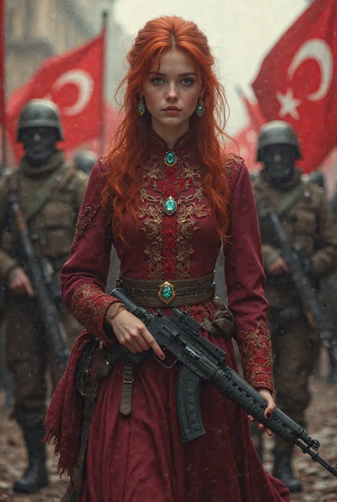 To me a soldier with a gun on the bbr side with a gemstone in the middle with people on one side with red hair girls on one side with a gemstone in the middle soldiers with rifles and turkish flag on a burgundy dress on the girl