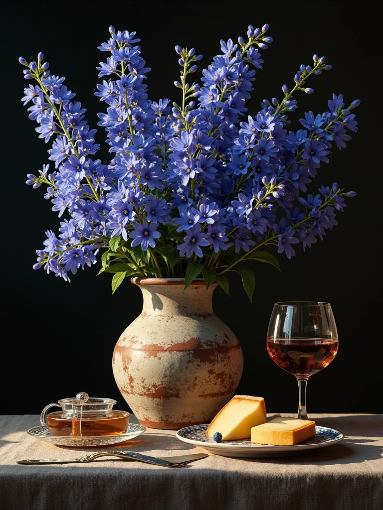 Still life with cornflower flowers in a vase, wine, cheese, plate with knife, one wine glass, style Caravaggio