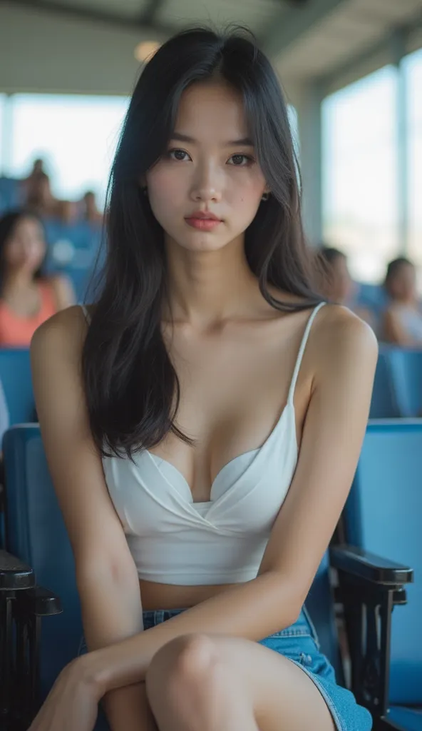 Photo of a young woman, early adolescence, Asian, cute face, dark eyebrows, very fair skin and body, good complexion, black hair, straight hair to shoulder length, she stares at the camera, seductive eyes, open mouth, beautiful breasts, wearing a crop top,...