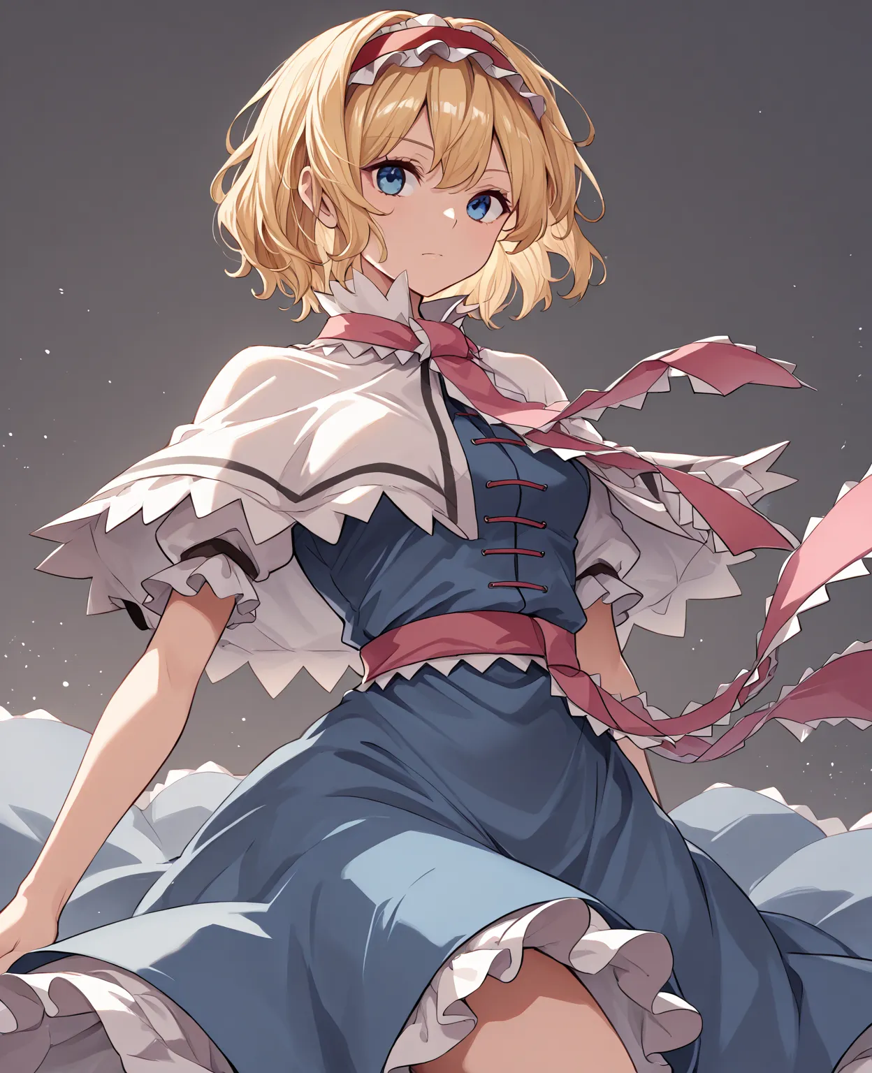 alice margatroid, 1girl, short hair, blonde hair, solo, hairband, capelet, blue eyes, dress, blue dress, red hairband, white capelet, frills,
