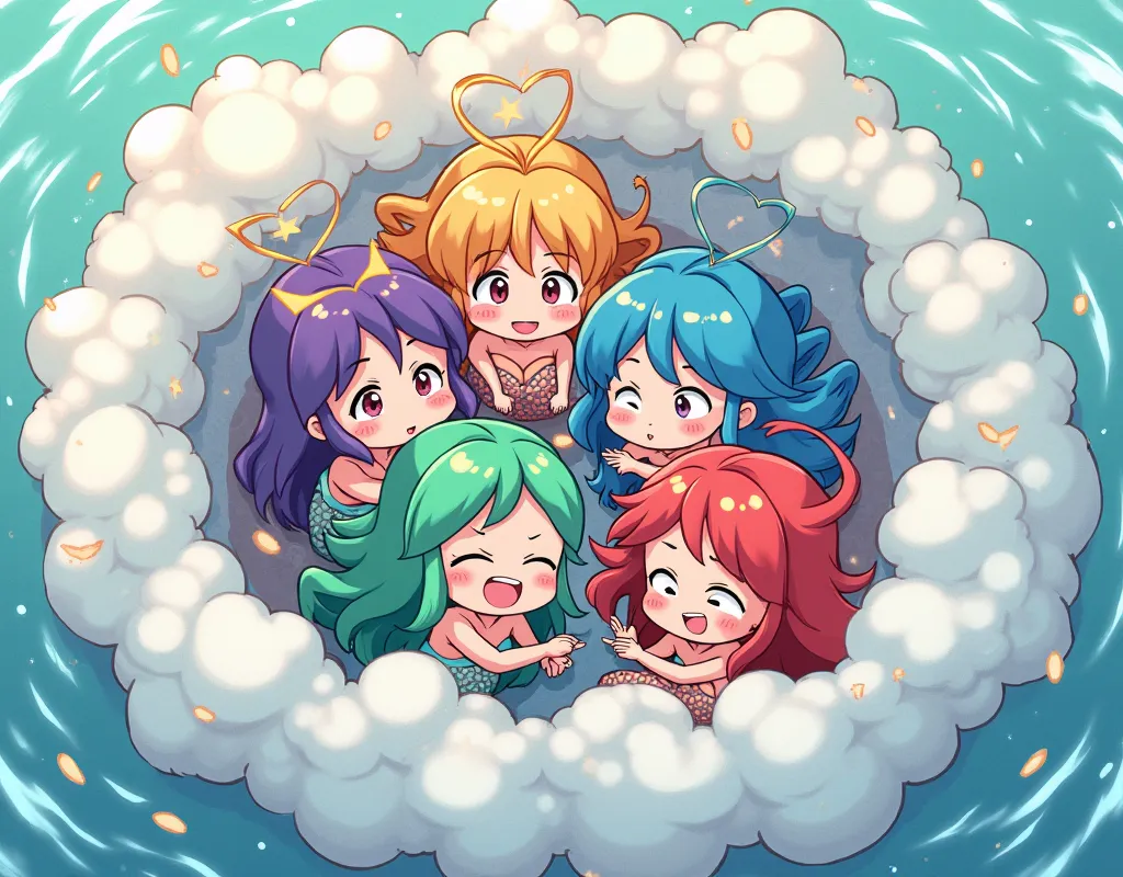 An anime-style illustration depicting many mermaids playfully wrestling with each other inside a island comical fight cloud.
each mermaid has different colored hair.
their faces,hands,and feet are visible emerging from the cloud as they tussle humorously, ...