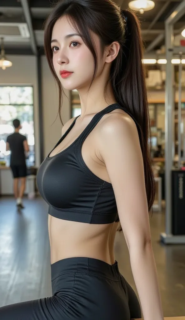 The picture shows a girl in the gym ,  hair tied in a ponytail  ,  wearing tight clothes