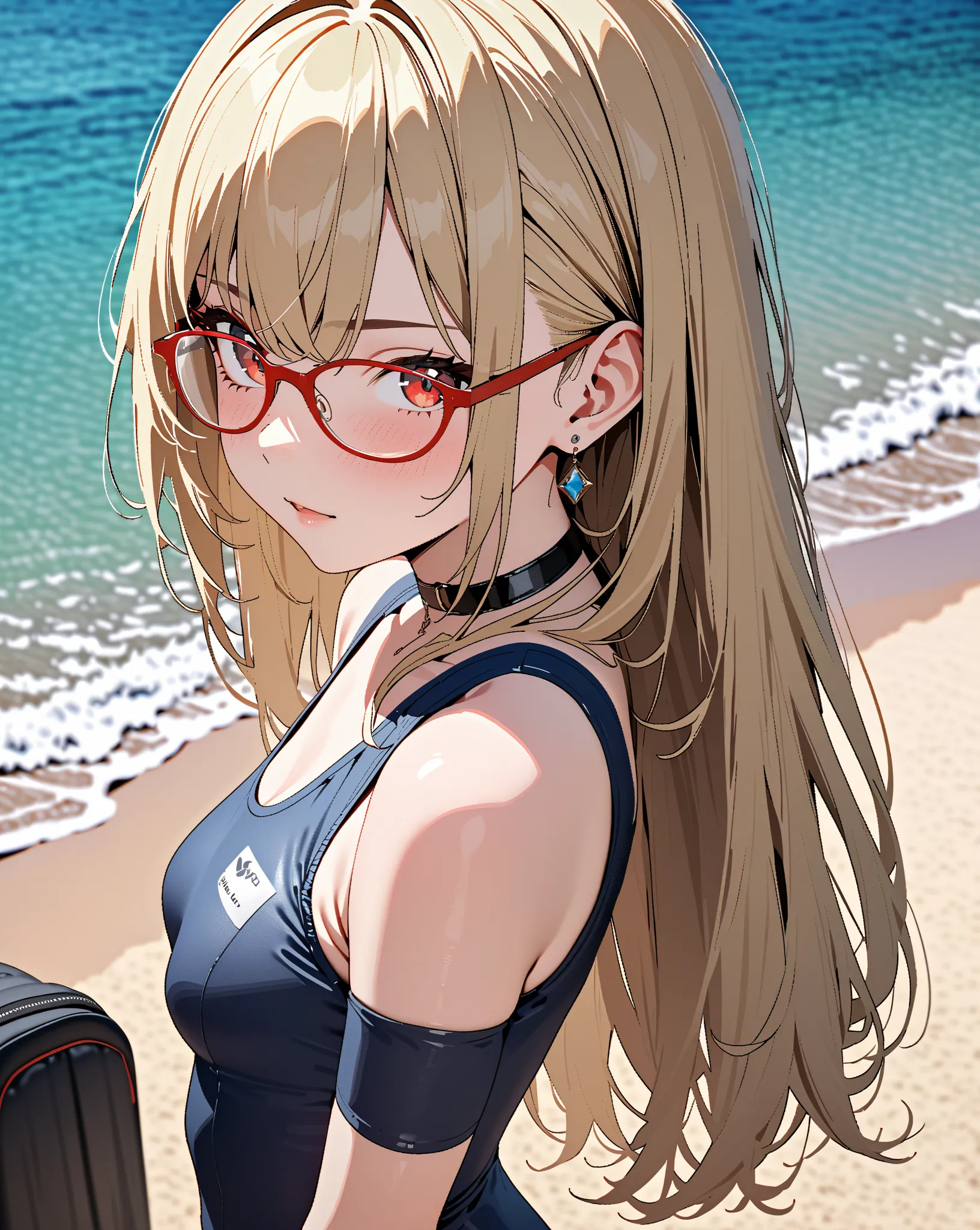 Red Framed Glasses, school swimsuit, Small breasts, kitagawa marine, beach,  1girl , blonde hair, long hair, multicolored hair, red eyes, jewelry, earrings, piercing, black choker, masterpiece:1.5, highest quality, UHD, retina, masterpiece, accurate anatom...