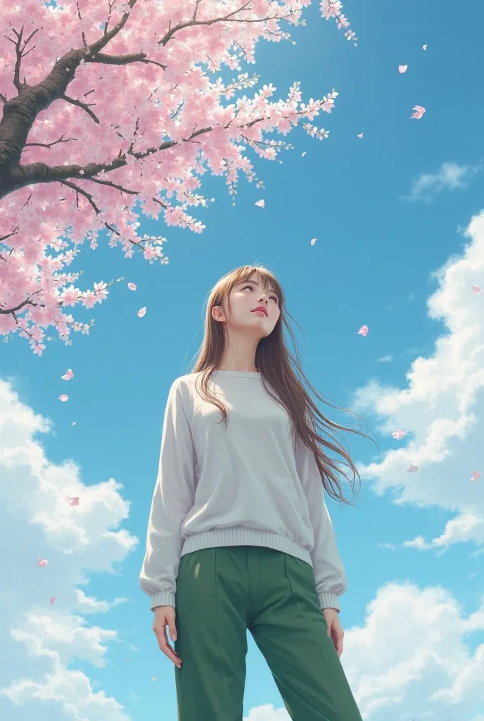 Spring blue sky and white clouds　Under a large weeping cherry tree　beautiful young Japanese woman wearing green pants and a white sweater、Full body woman standing with long light brown hair closes her eyes、looking up at the sky　recall