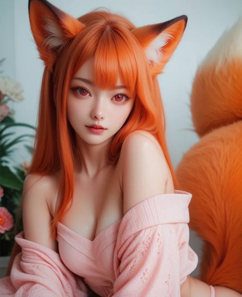 (Orange Hair /Red Eye) (Fox ear/ Fox tail) and 24year old foxgirl a in Coral pink and off the Shoulder necklines