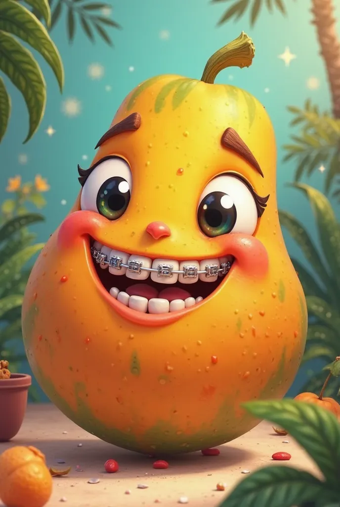 cartoon papaya with braces using a camera