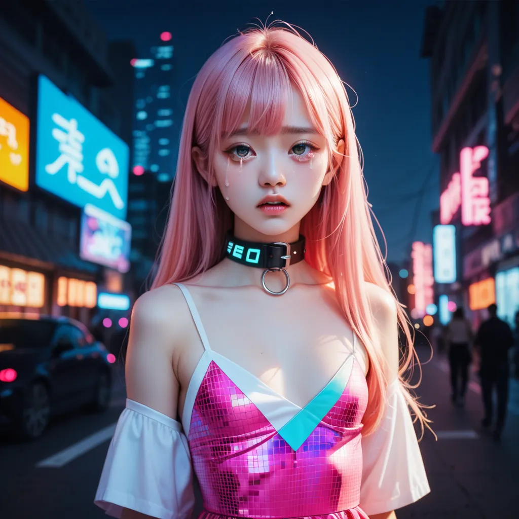 Korean girl. Pink long hair with bangs. In the future city . Night. Neon. glitch. Error. Collar. Tears. Small breasts. Dress 