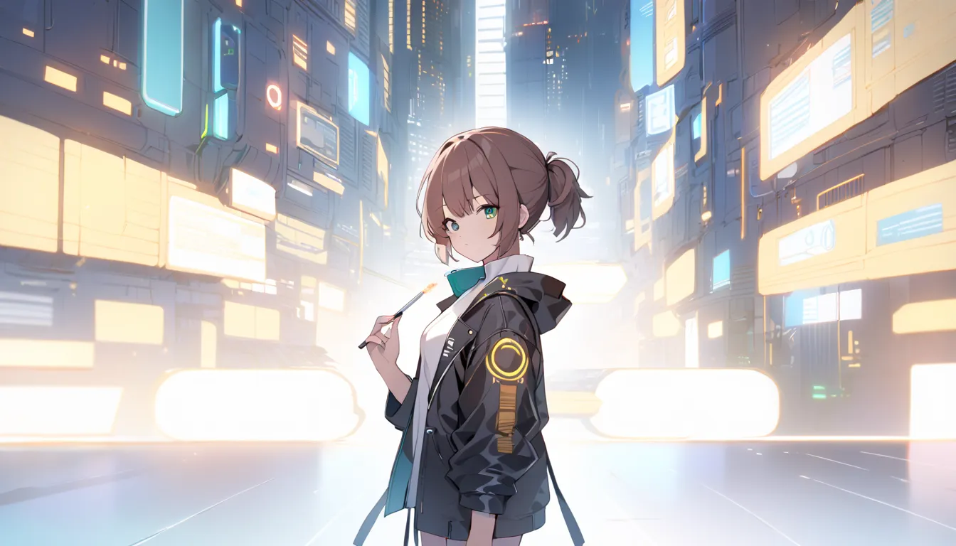 cyberpunk, monika, brown hair, green eyes, short ponytail, short hair, black bow, girl standing against the background of the city of the future, holding a cigarette in her right hand, right implant hand silvered, black leather jacket, white blouse