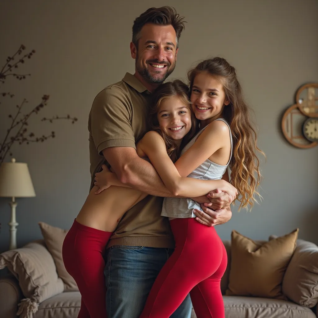 Heic portrait family photo dad in lounge room standing with group of clothed 7yearz daughters. Daughters.  Girls  holding dad. . Daughters wearing red skin tight thong tights