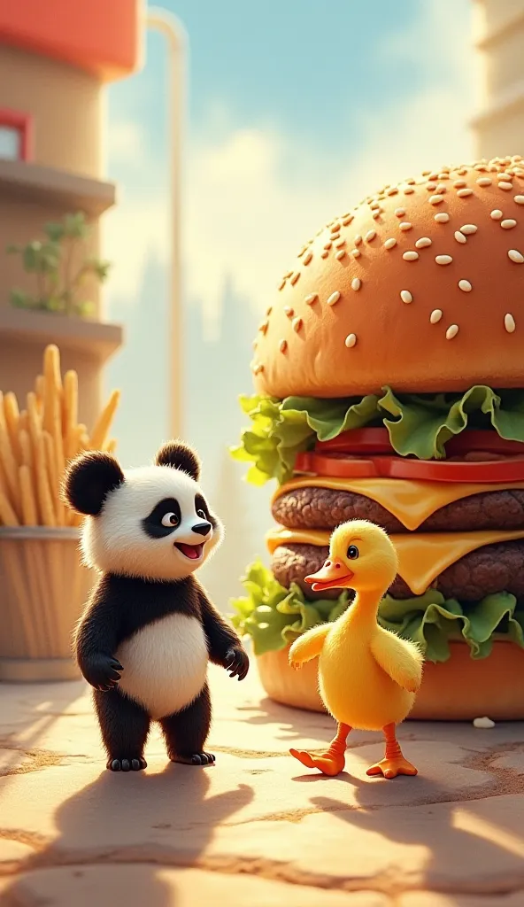 a little  panda bear and a little  duck walking towards a giant full burger and fries snack, realistic Disney Pixar cartoon style with watercolor and colored pencil techniques with dreamy color palette, soft, cinematic and intricate contouring, light and s...