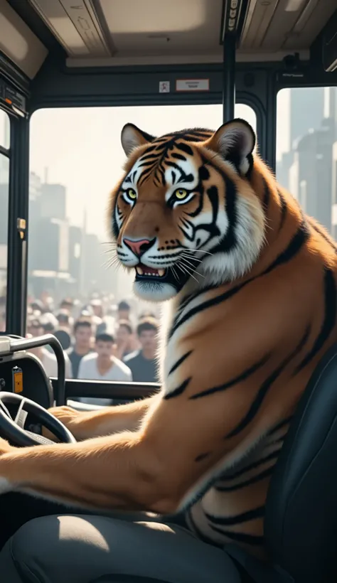 Personify a tiger. A tiger becomes a bus driver and drives.