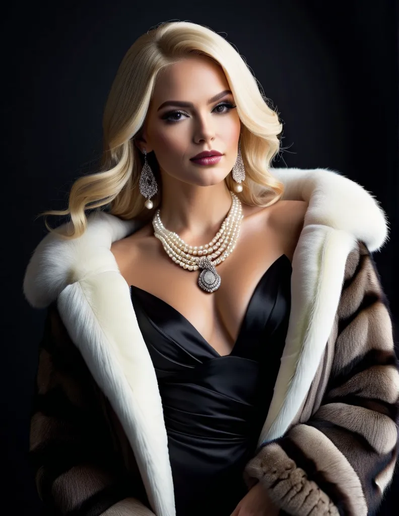 2 Very attractive caucasian females, 1 with  blonde hair, aged 27 years, the other Kenna James with black hair, in a fur coat and pearls and a necklace, sleek dark fur, wearing a luxury fur coat, high - end fashion photoshoot, inspired by George Hurrell, d...