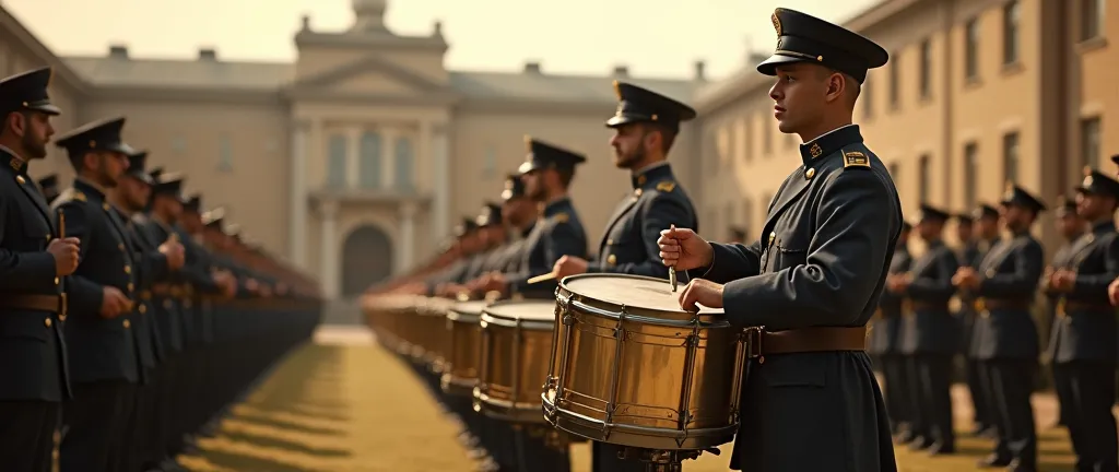 Soldiers playing the snare drum and bass drum to train the troops for the military parade.  detailed features, complex clothing textures, warm lighting, photorealistic, cinematic composition, vibrant colors, depth of field, (best quality, 8k, high resoluti...