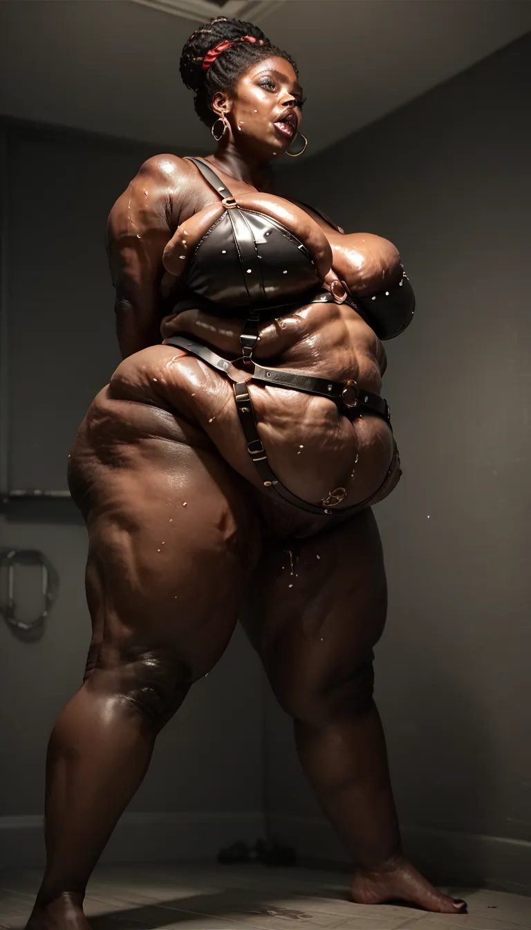 Greatest Masterpiece 　Gorilla Personification　Black dark skinned African　 beauty　  obese body type　Huge Breasts to Be Torn　Even Bigger Saggy Super Breasts　  black bra　bondage harness　Oily sweat　bedroom　Squats　M-shaped open legs　 low angle