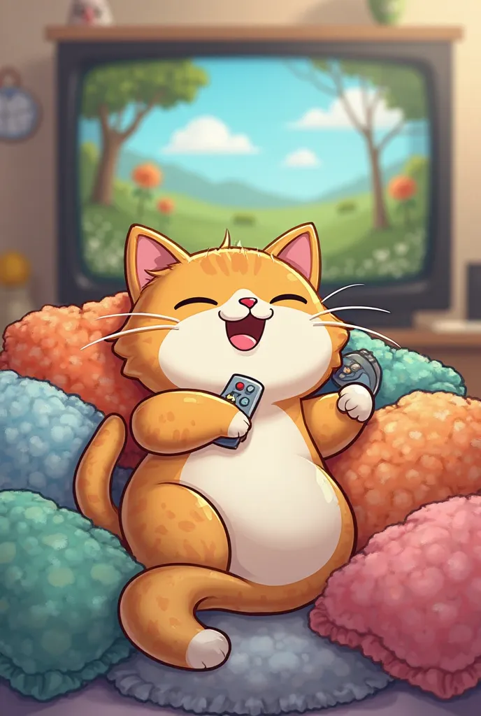 A cartoon cat lounging on a pile of pillows, yawning lazily while holding a remote control, with a TV showing a nature documentary in the background."