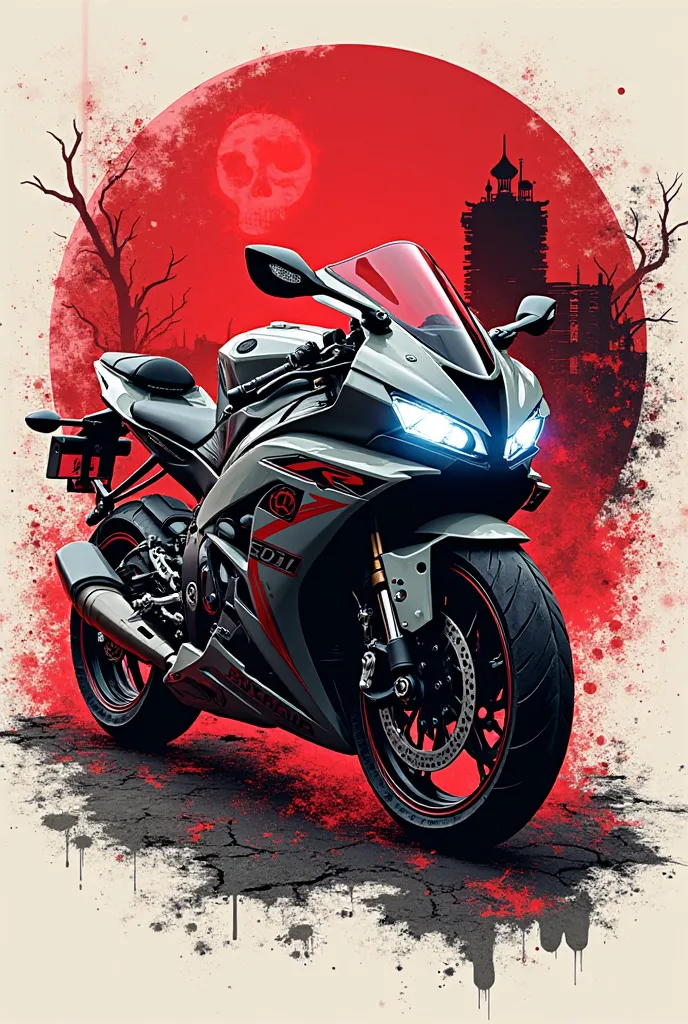 Yamaha R1 + Books + Anime written in japanese
(Black and blood red sticker with combo of the above for varsity jacket sleeve a small area like a circle ) more sketchy and not very bright