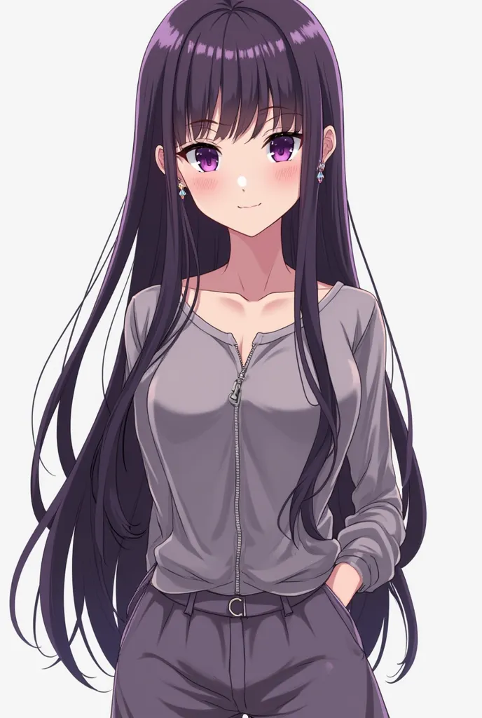 Generate an anime-style girl. Her hair should be almost floor-length, very long, dark purple, with straight bangs. Her eyes should be bright purple and her pupils should be white diamond shaped. pale skin, she should wear loose pants, and a half-zipper on ...