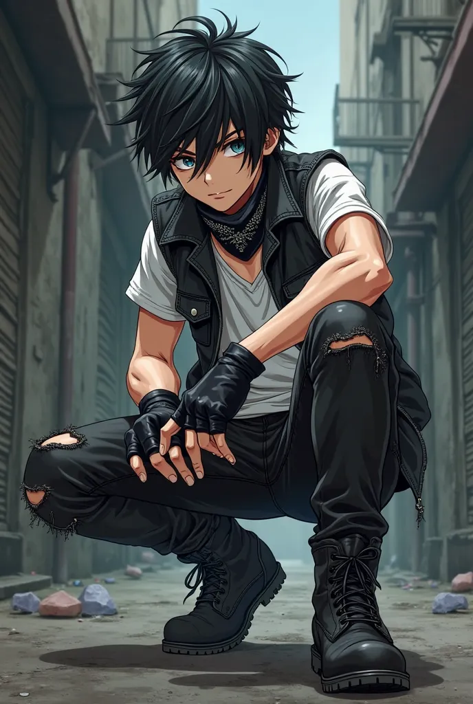 Can you make an anime with black messy hair and wearing black Bandana tied to his neck, black fingerless gloves, black denim vest, white T-shirt, black ripped skinny jeans, and Black Timberland boots.