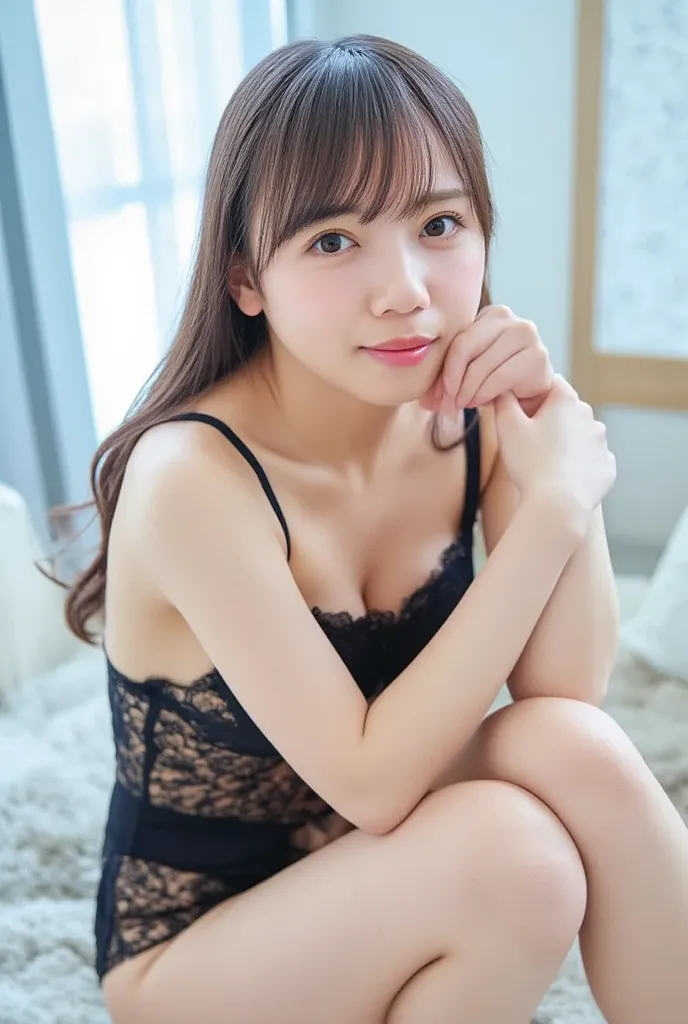 photorealistic, 8k, bright natural daylight with soft, Uniform diffusion, High contrast for vibrant details, 1 girl, Japanese, light brown hair, Black sheer lingerie top and bottom（With lace trim）wear, small breasts, eyes smiling at the camera, Close-up sh...