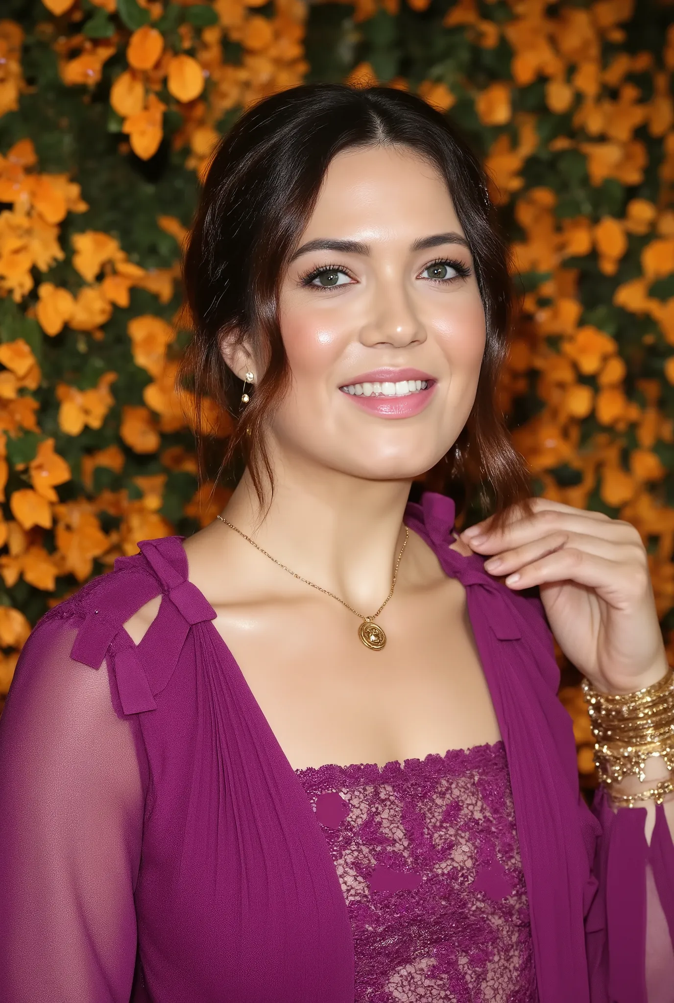 best quality, highres, 8k, masterpiece, photography, detailed midbody photorealistic portrait. Mandy Moore embraces Indian regality in a royal purple velvet bodysuit with gold embroidery and sheer chiffon sleeves, paired with a matching gold-trimmed lace r...