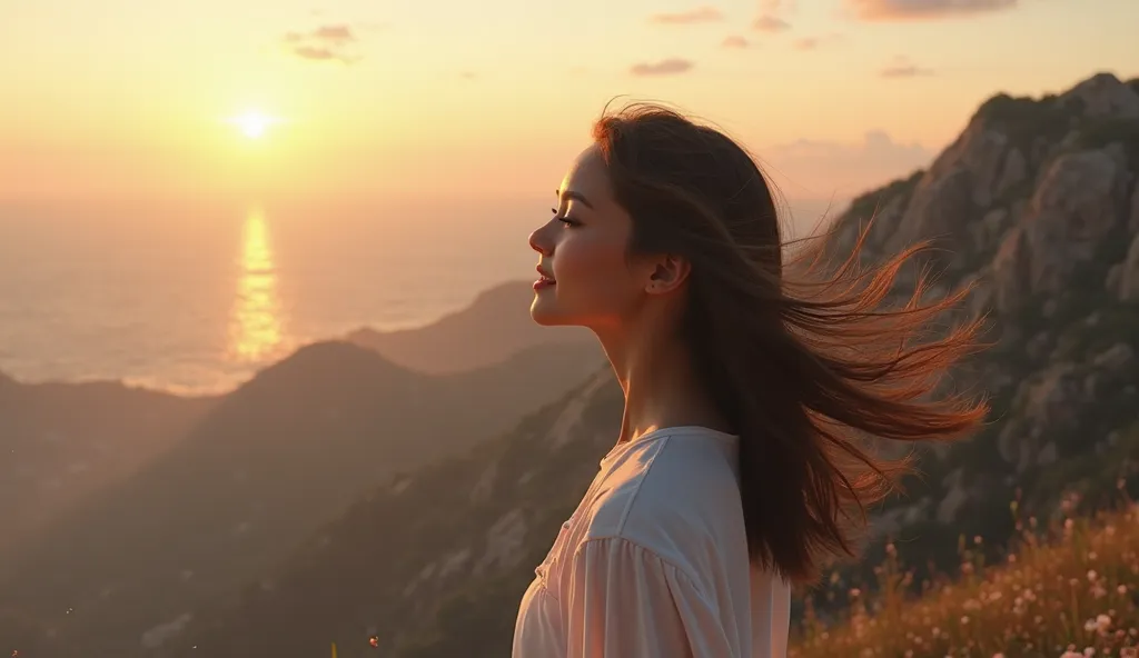 Create an image of a woman smiling softly as she watches the sunrise from a rocky cliffside, the wind playing with her hair, a new sense of peace and hope shining in her eyes, aspect ratio 16:9 