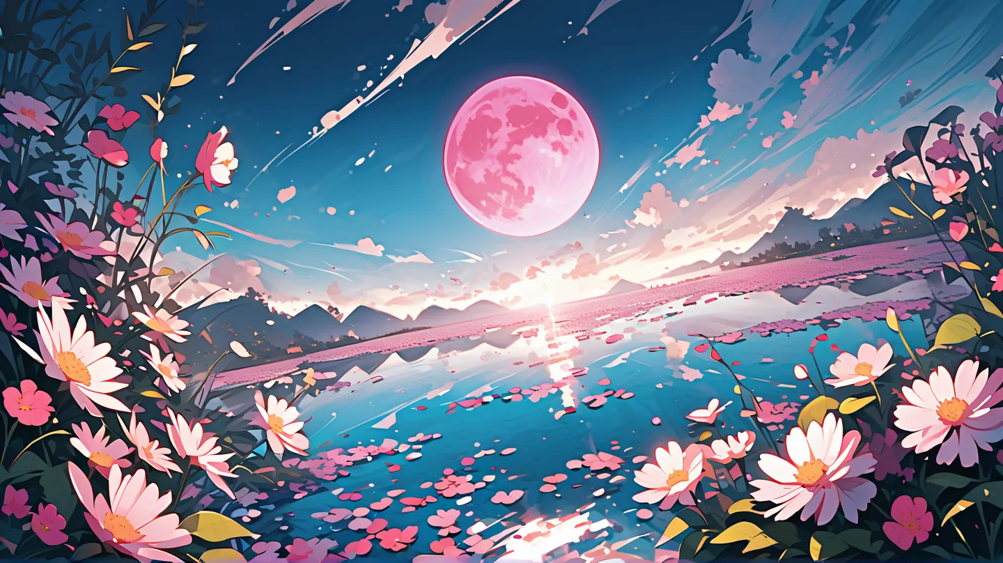 Mysterious pink moon on a shining lake full of flowers and plants 