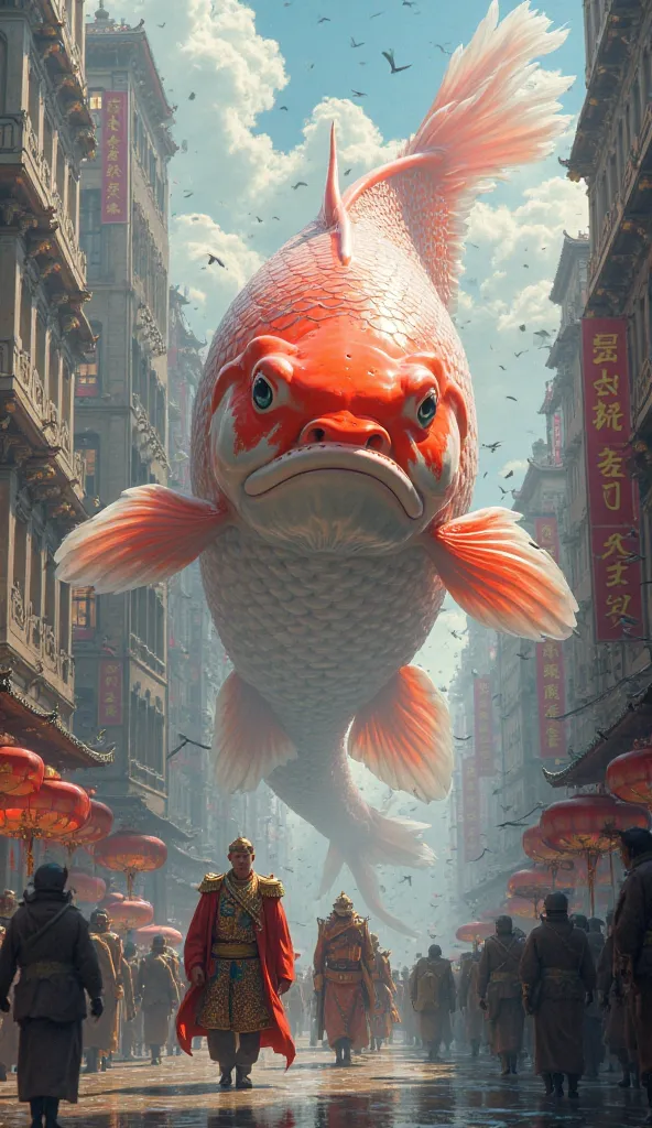 A giant koi carp fish with Emperor Naruhito, the koi carp fish is so big that it is as big as a mountain and the koi carp fish is wearing a soldier's uniform, and they are walking down the street.