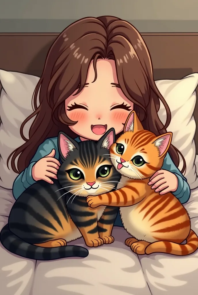 Comic style depicting cute woman with brown long hair、Cute woman in the sea hugging her two tiger cats on the bed，Surrounded by the arms is a black and brown tiger cat，That's a bit fat.、Young cat with a cheeky eye；one lying on the pillow with the girl，is a...