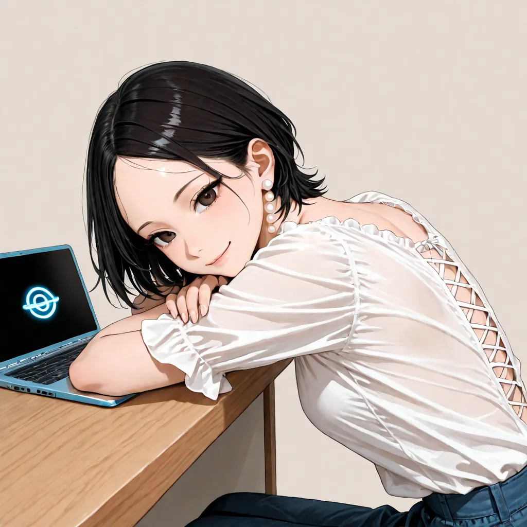 Asian Women、28 years old、Fair skin、I'm holding my laptop with both arms、Blue Base、No characters allowed、white blouse、simple pearl earrings、short hair、 black hair、 no bangs （stick out your forehead）、all back、slender eyes、Eye color is dark brown、has a simple...