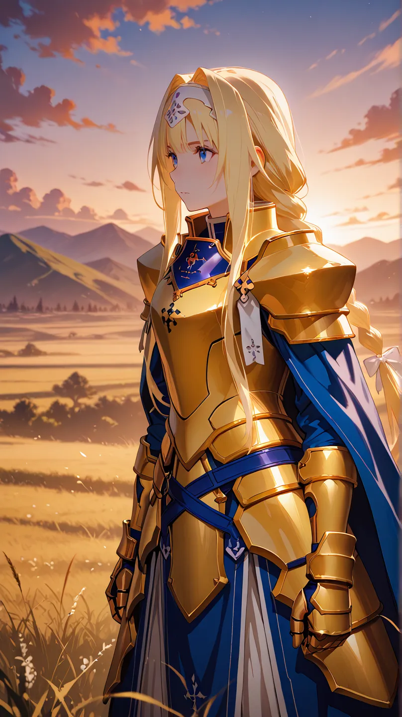 alice zuberg,1girl,solo,long hair,outdoors,cloud,white hairband,hairband,braid,armor,gold armor,shoulder armor,knight,blue cape