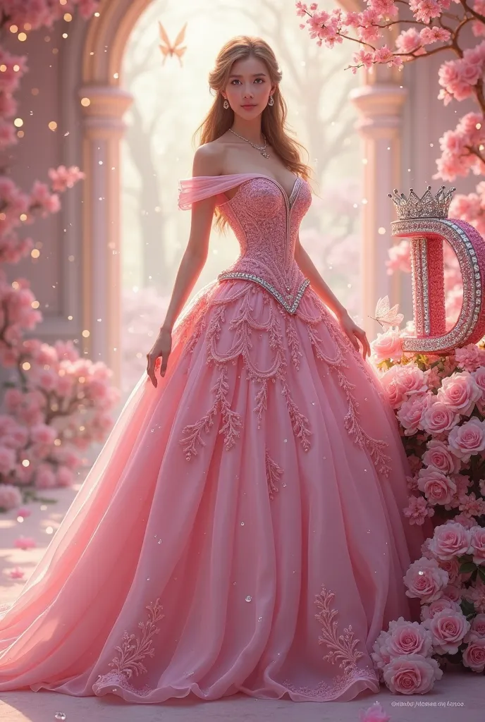 Here’s a detailed AI image generation prompt to create a similar image:

Prompt:
"A beautiful fantasy-style pink ball gown with intricate embroidery, roses, and sparkling gemstone embellishments, set in a dreamy, magical ballroom with glowing fairy lights....