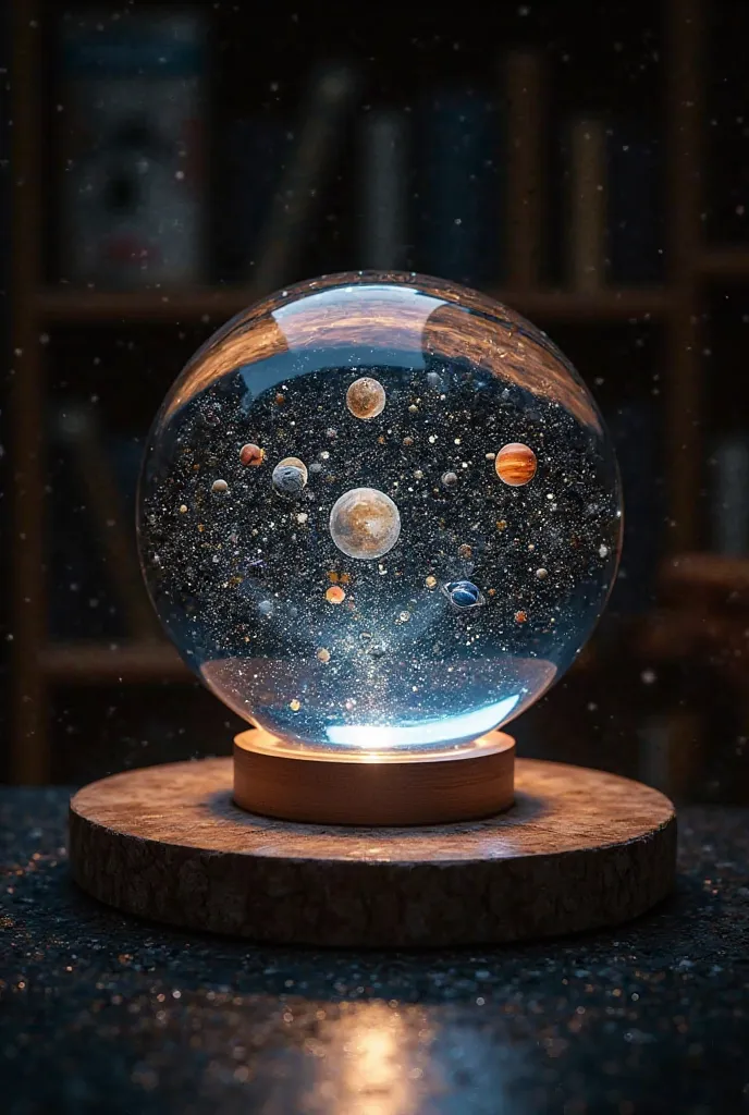 A solar system crystal ball shows as an decorative and functional lighting piece in the living spaces
