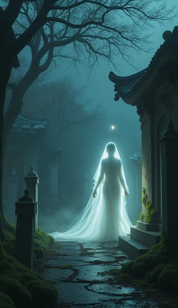 Search Image: Spirits and the figure of the ghost woman looking for in the cemetery, around are ancient tombs, trees and mysterious air, with flashlight illuminating.( ASIAN CHARACTER )