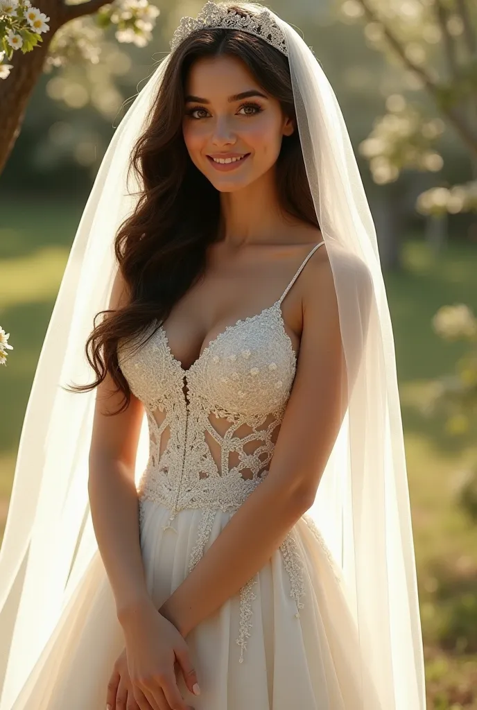 Très belle femme ronde brune charismatique en robe de mariée chic avec un long voile 