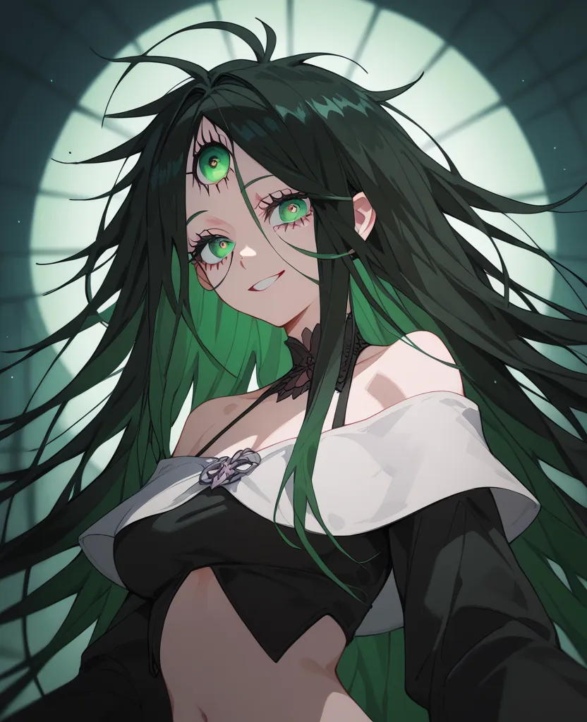 girl, dark green hair ,dark green hair, multi colour hair, black hair,sharp edges,Pointed eyes , long hairแหลม,Pointy hair,in dark green eyes,,Long sleeves,smile, psychopaths ,Fringed,big-breasted,Long Crested Hair, long hair, black bikini , Open Shoulder ...