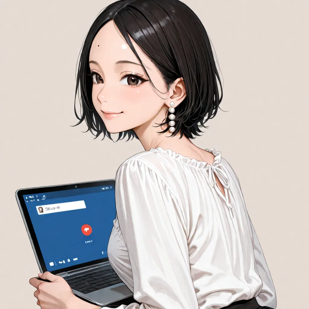 Asian Women、28 years old、Fair skin、I'm holding my laptop with both arms、Blue Base、No characters allowed、white blouse、simple pearl earrings、short hair、 black hair、 no bangs （stick out your forehead）、all back、slender eyes、Eye color is dark brown、has a simple...