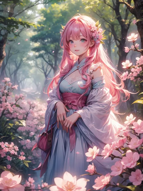  Top Quality、Magical forest with glowing flowers、pink hair、A forest overgrown with greenery、cute cherry blossom