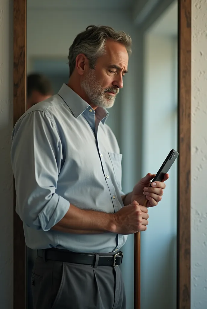 A male mathematics teacher holding a cane down and an iPhone 14 vertically in front a mirror (reality)