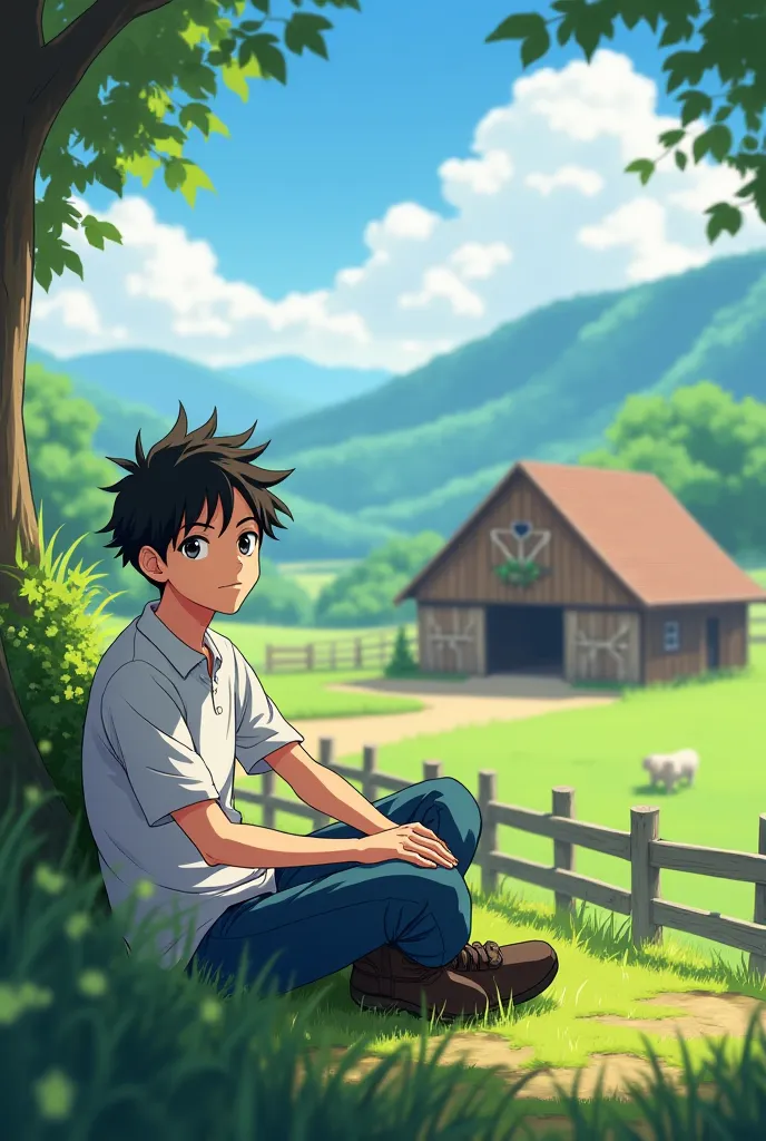 Make a anime guy that sitting right next to the farm