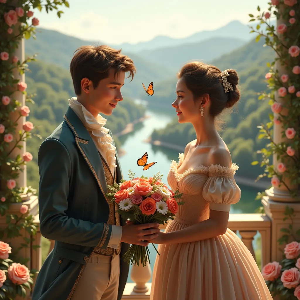 masterpiece, high quality, photo realistic, 8K Ultra HD; we are in the nineteenth century: A boy in love brings flowers to his girlfriend: A boy in love brings flowers to his girlfriend
