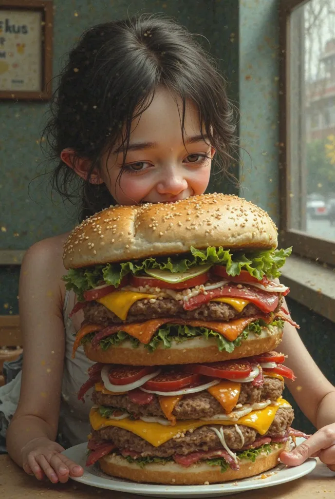 Skinny woman devouring a giant sandwich
