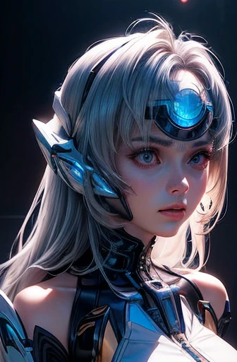 Top quality、  Masterpiece 、 ultra high resolution、(photorealistic:1.4)、 1 girl、 light blue hair、 straight hair, shiny clean hair、 white and radiant skin、 Sexy Cyberpunk Girl、((Super realistic details))、shadow、  rendering octane 、  super sharp 、 extremely d...