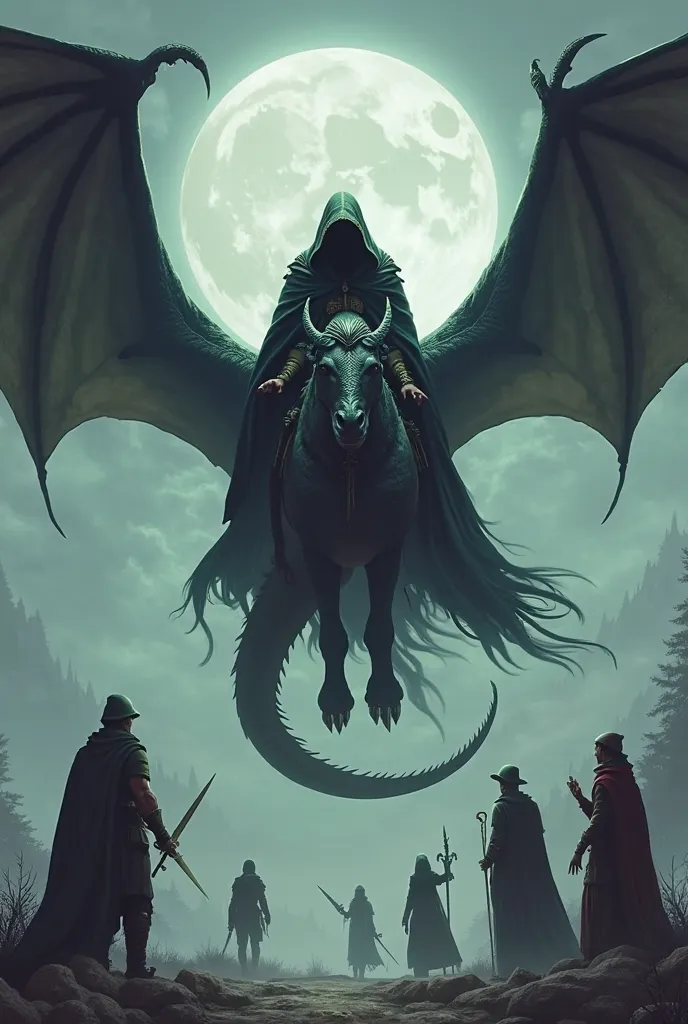 Create an image of a hooded necromancer riding a realistic black dragon flying high in the sky and on the ground to meet a male warrior , A male elf, a female priestess , a barbarian dwarf and a female wizard for me to make a book cover