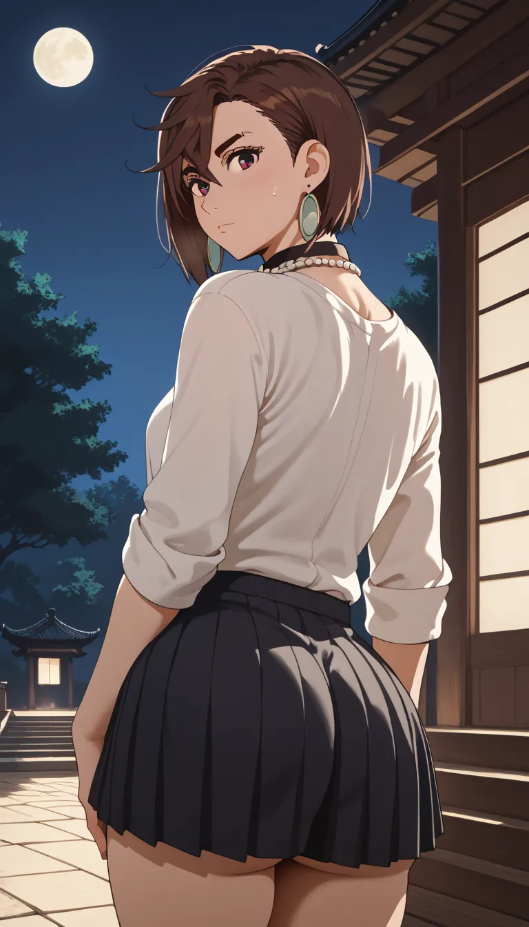 sketch, Momo Ayase  ,  1girl,  outdoor jewelry, One,  earrings,  Brown hair , necklace,  looks at the viewer , buttocks,   leans forward  ,  hair between eyes,  short hair, black necklace,  shirt, Bro strap, thick eyeBrows, ,  pleated skirt ,   shirt with ...