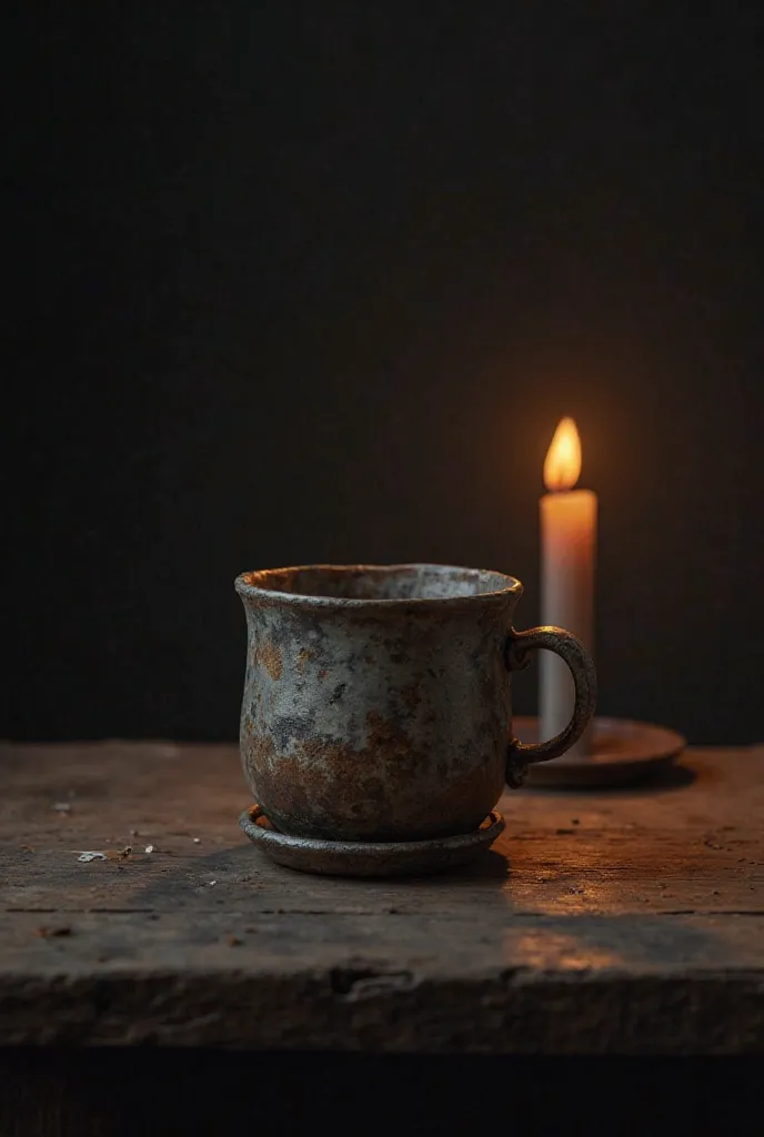 An old cup on a wooden table, illuminated by the light of a candle, with a dark and solemn background.