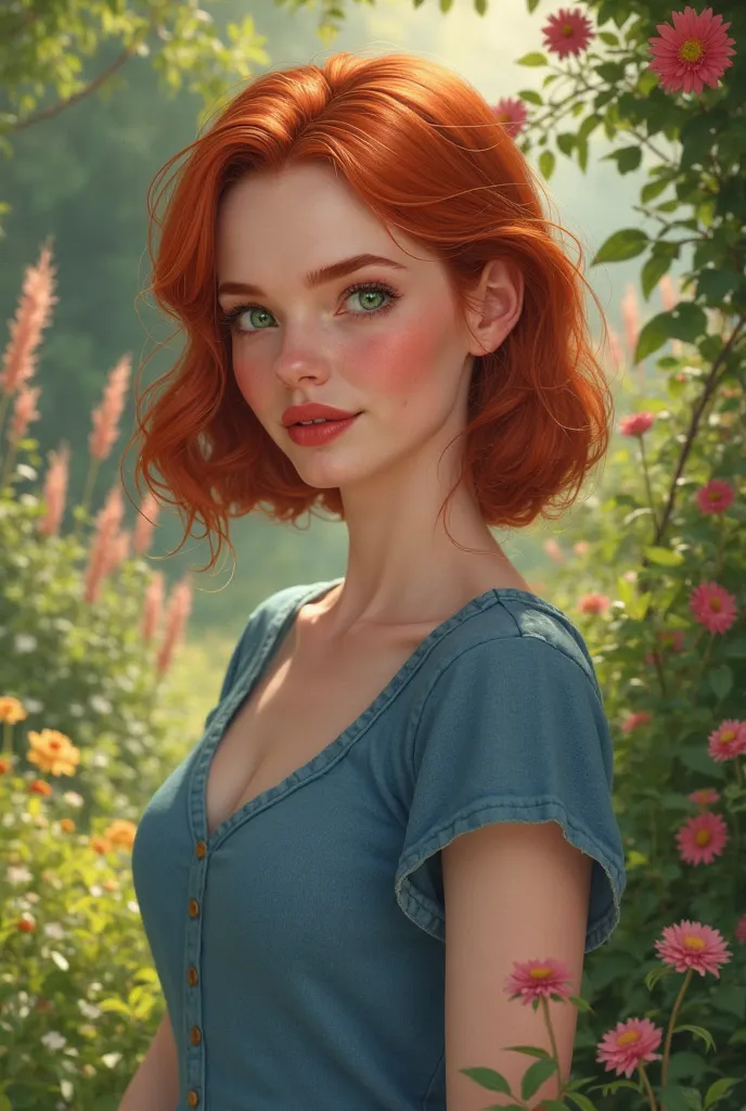 adult, belle, redhead, Square hair with side parting,  emerald green eyes,Jean t-shirt, charming face, silhouette parfaite,  red lips, jardin